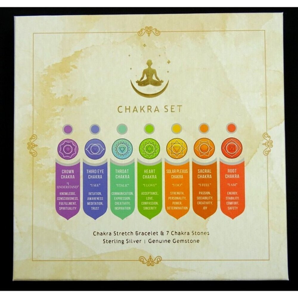 Chakra Box Set 7 Stretch Bracelets Sterling Silver and Genine Gemstones